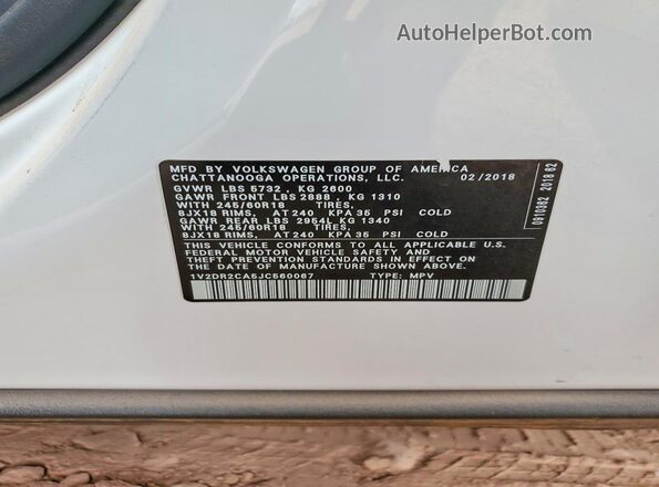 1V2DR2CA5JC560067 2018 VOLKSWAGEN ATLAS White 