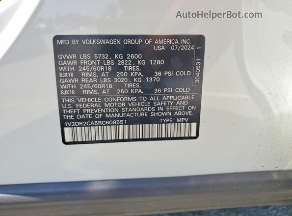 1V2DR2CA5RC608551 2024 VOLKSWAGEN ATLAS White 