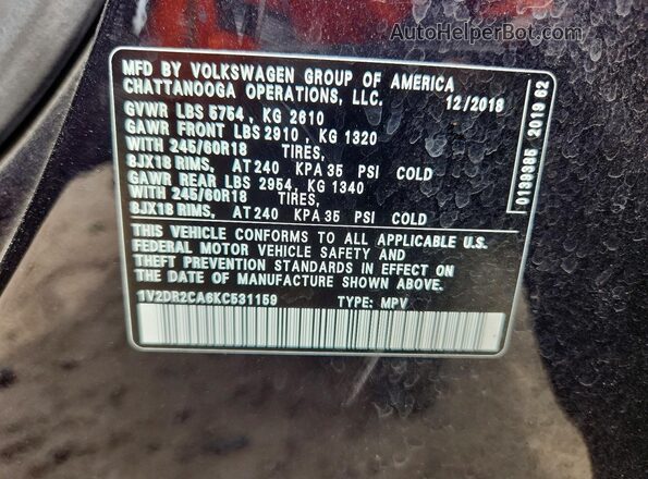 1V2DR2CA6KC531159 2019 VOLKSWAGEN ATLAS Black Widok wnętrza 360 stopni