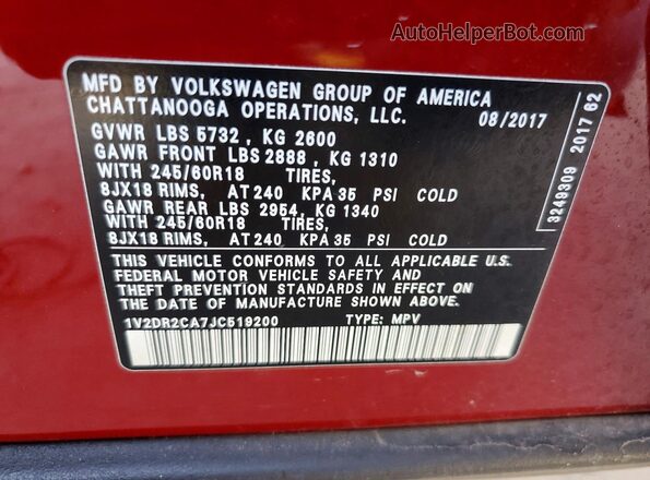 1V2DR2CA7JC519200 2018 VOLKSWAGEN ATLAS Maroon VIN sticker view