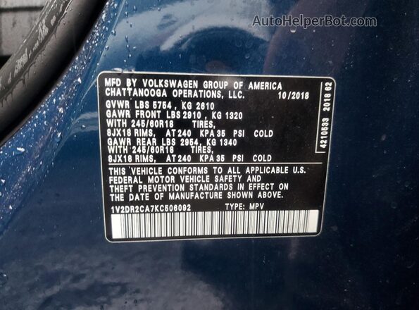 1V2DR2CA7KC506092 2019 VOLKSWAGEN ATLAS Blue VIN sticker view