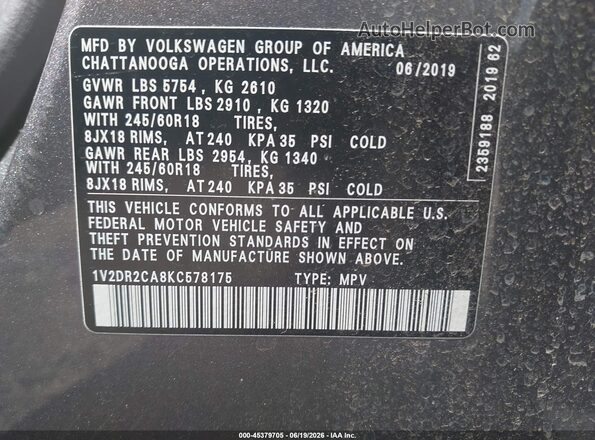 1V2DR2CA8KC578175 2019 VOLKSWAGEN ATLAS Gray Vista del compartimento del motor