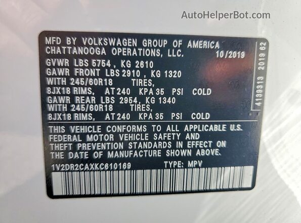 1V2DR2CAXKC610169 2019 VOLKSWAGEN ATLAS White 
