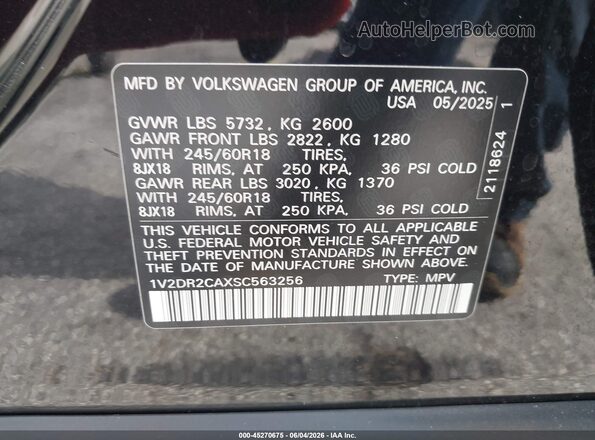 1V2DR2CAXSC563256 2025 VOLKSWAGEN ATLAS Black ძრავის განყოფილების ხედი
