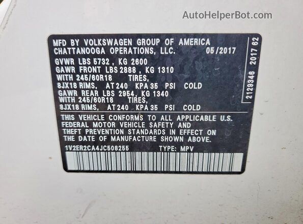 1V2ER2CA4JC508255 2018 VOLKSWAGEN ATLAS White 