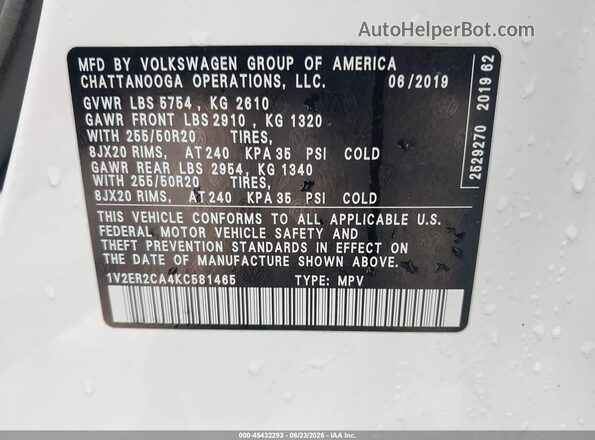 1V2ER2CA4KC581465 2019 VOLKSWAGEN ATLAS White Vista del compartimento del motor
