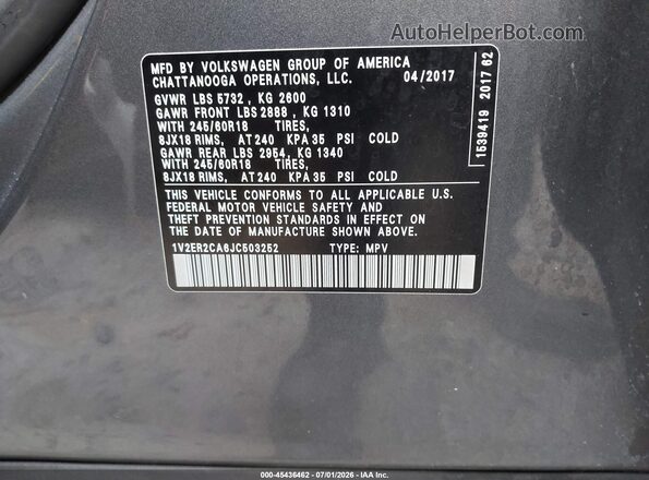 1V2ER2CA6JC503252 2018 VOLKSWAGEN ATLAS Серый Вид подкапотного пространства