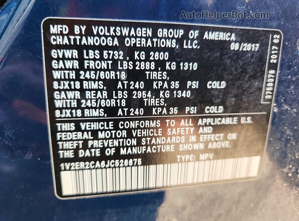 1V2ER2CA6JC526675 2018 VOLKSWAGEN ATLAS Blue Вид наклейки з VIN-кодом