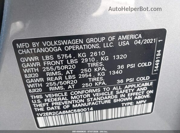 1V2ER2CA6MC580014 2021 VOLKSWAGEN ATLAS Silver Вид підкапотного простору