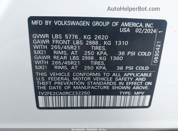 1V2FE2CA0RC232250 2024 VOLKSWAGEN ATLAS White Vista del compartimento del motor