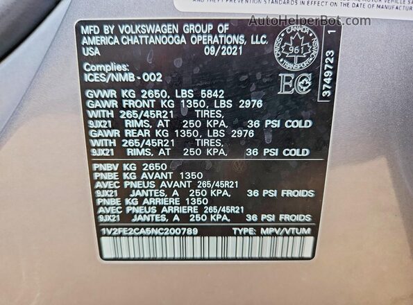 1V2FE2CA5NC200789 2022 VOLKSWAGEN ATLAS Серый Вид наклейки с VIN-кодом