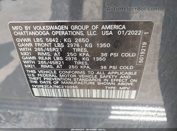 1V2FE2CA7NC210255 2022 VOLKSWAGEN ATLAS Gray Vista del compartimento del motor