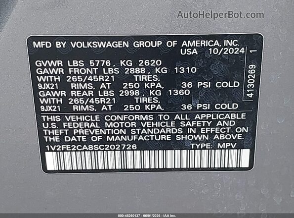 1V2FE2CA8SC202726 2025 VOLKSWAGEN ATLAS Silver Вид підкапотного простору