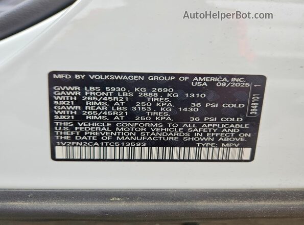 1V2FN2CA1TC513593 2026 VOLKSWAGEN ATLAS White VIN sticker view