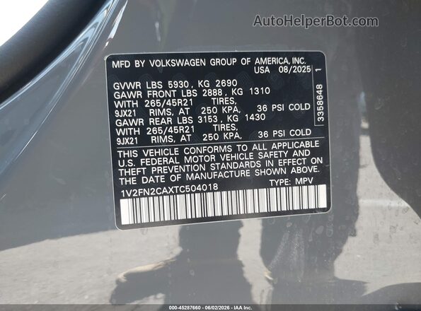 1V2FN2CAXTC504018 2026 VOLKSWAGEN ATLAS Gray Widok komory silnika