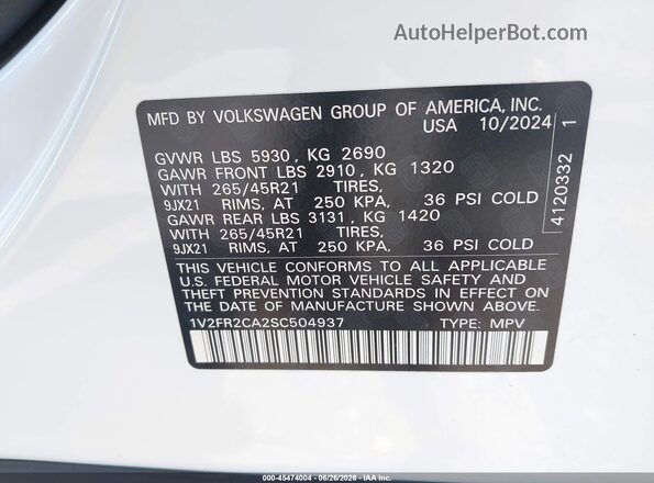1V2FR2CA2SC504937 2025 VOLKSWAGEN ATLAS White Engine compartment view