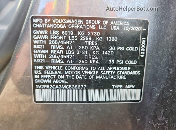 1V2FR2CA3MC538677 2021 VOLKSWAGEN ATLAS Gray Widok wnętrza 360 stopni