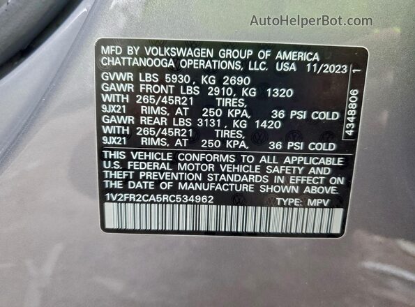 1V2FR2CA5RC534962 2024 VOLKSWAGEN ATLAS Угольный Вид наклейки с VIN-кодом
