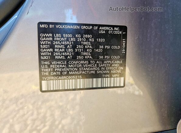 1V2FR2CA6RC605215 2024 VOLKSWAGEN ATLAS Silver VIN კოდის სტიკერის ხედი