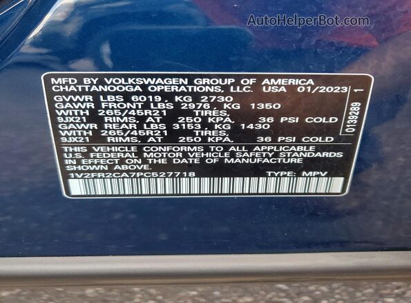 1V2FR2CA7PC527718 2023 VOLKSWAGEN ATLAS Blue VIN կոդի պիտակի տեսք