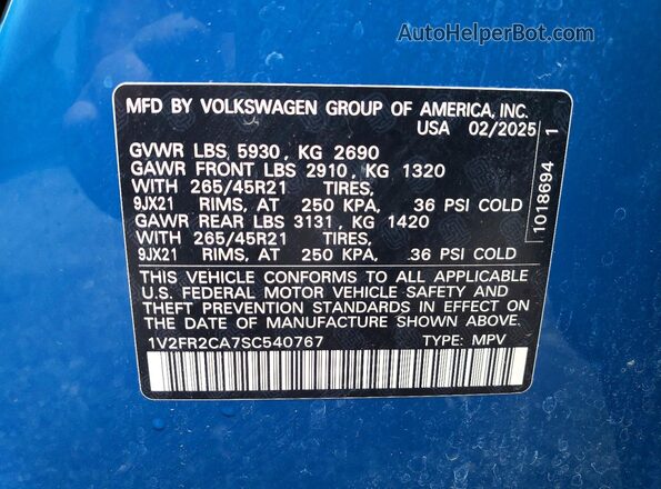 1V2FR2CA7SC540767 2025 VOLKSWAGEN ATLAS Blue VIN sticker view