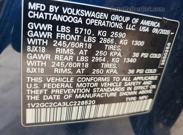 1V2GC2CA3LC228520 2020 VOLKSWAGEN ATLAS Синий Вид наклейки с VIN-кодом