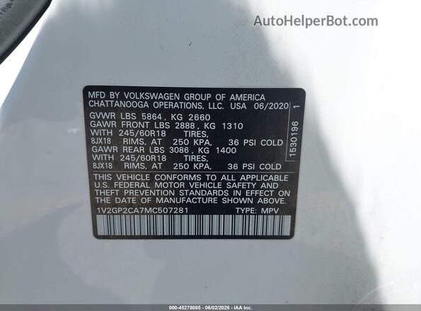 1V2GP2CA7MC507281 2021 VOLKSWAGEN ATLAS White Vista del compartimento del motor