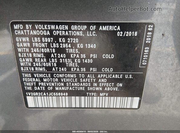 1V2GR2CA1JC556949 2018 VOLKSWAGEN ATLAS Gray 