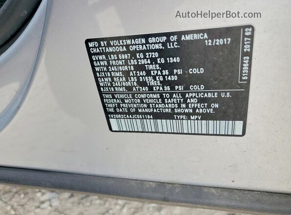 1V2GR2CA4JC551194 2018 VOLKSWAGEN ATLAS Silver VIN sticker view