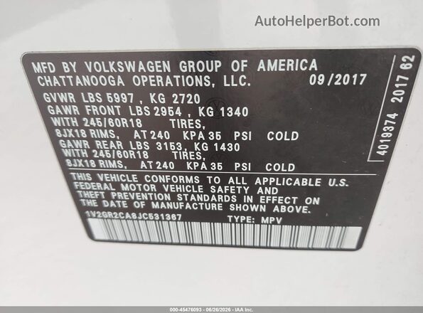 1V2GR2CA8JC531367 2018 VOLKSWAGEN ATLAS White Widok komory silnika