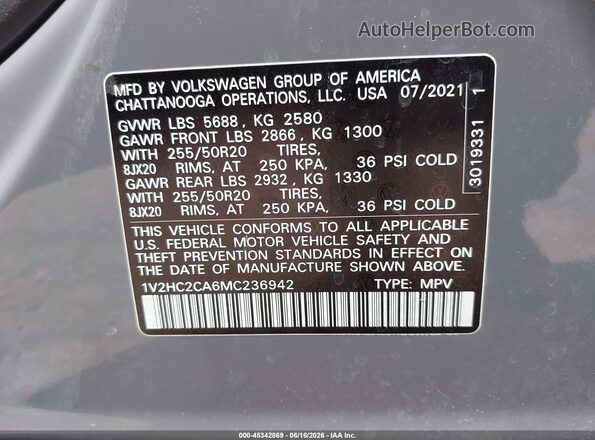 1V2HC2CA6MC236942 2021 VOLKSWAGEN ATLAS Gray Vista del compartimento del motor