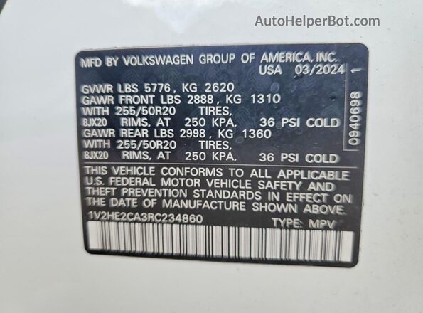 1V2HE2CA3RC234860 2024 VOLKSWAGEN ATLAS White Vista del compartimento del motor