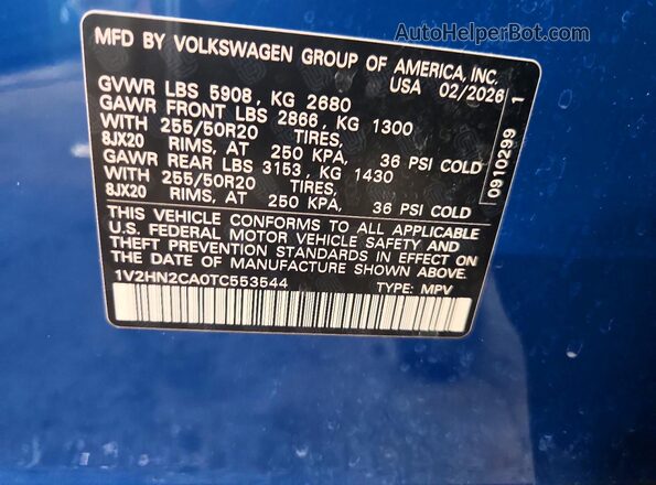 1V2HN2CA0TC553544 2026 VOLKSWAGEN ATLAS Синий Панорамный вид салона 360°