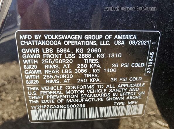 1V2HP2CA3NC500236 2022 VOLKSWAGEN ATLAS Black 