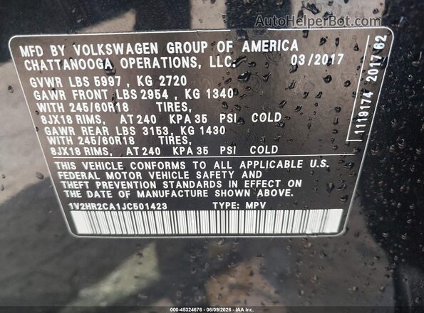 1V2HR2CA1JC501423 2018 VOLKSWAGEN ATLAS Black Շարժիչի բաժամունքի տեսք