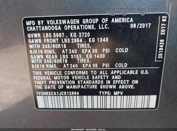 1V2HR2CA1JC512664 2018 VOLKSWAGEN ATLAS Gray Vista del compartimento del motor