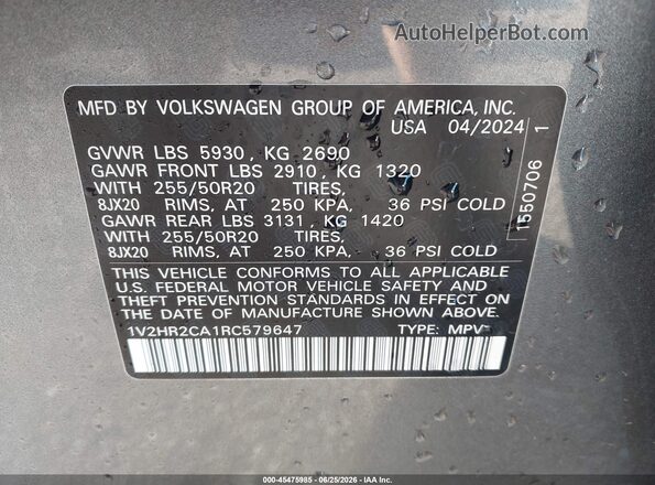 1V2HR2CA1RC579647 2024 VOLKSWAGEN ATLAS Gray ძრავის განყოფილების ხედი