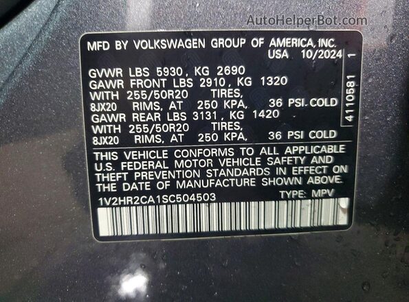 1V2HR2CA1SC504503 2025 VOLKSWAGEN ATLAS Gray Вид наклейки з VIN-кодом