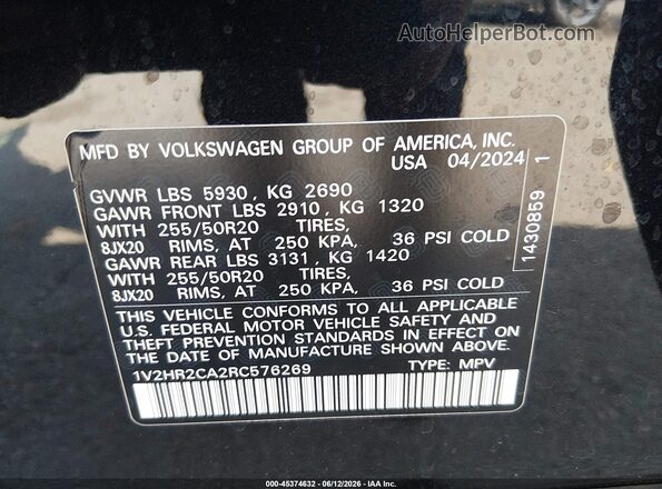 1V2HR2CA2RC576269 2024 VOLKSWAGEN ATLAS Black Vista del compartimento del motor