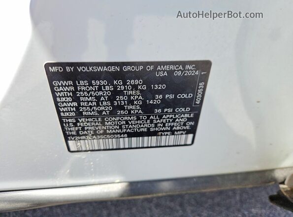 1V2HR2CA3SC503546 2025 VOLKSWAGEN ATLAS White 360 interior view