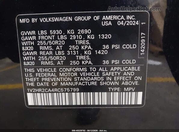 1V2HR2CA4RC575799 2024 VOLKSWAGEN ATLAS Black Engine compartment view