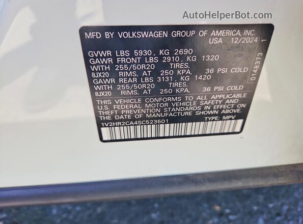 1V2HR2CA4SC523501 2025 VOLKSWAGEN ATLAS White VIN sticker view