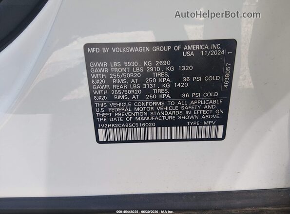 1V2HR2CA8SC516020 2025 VOLKSWAGEN ATLAS White Vista del compartimento del motor