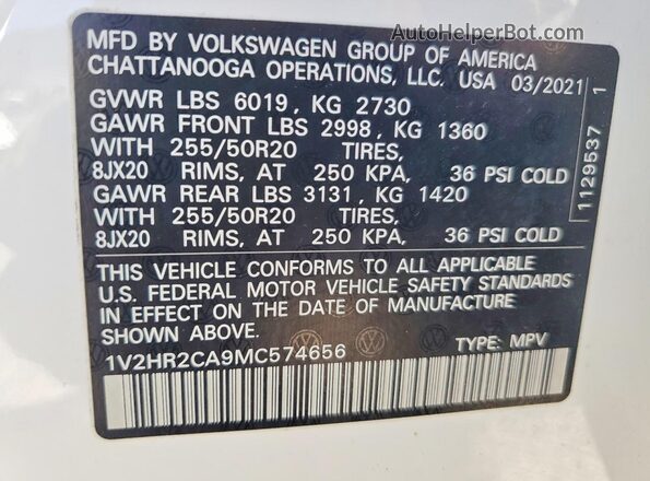 1V2HR2CA9MC574656 2021 VOLKSWAGEN ATLAS White VIN կոդի պիտակի տեսք