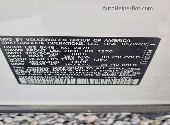 1V2JC2CA1NC224359 2022 VOLKSWAGEN ATLAS White Widok naklejki z numerem VIN
