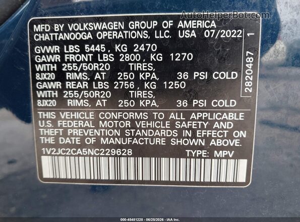 1V2JC2CA5NC229628 2022 VOLKSWAGEN ATLAS Синий Вид подкапотного пространства
