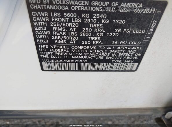 1V2JE2CA7MC223953 2021 VOLKSWAGEN ATLAS White ძრავის განყოფილების ხედი