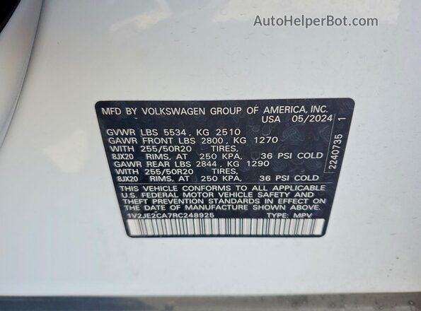 1V2JE2CA7RC248925 2024 VOLKSWAGEN ATLAS White Engine compartment view