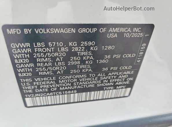 1V2JN2CA6TC515849 2026 VOLKSWAGEN ATLAS White Widok naklejki z numerem VIN