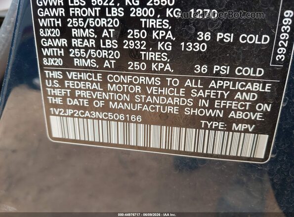 1V2JP2CA3NC506166 2022 VOLKSWAGEN ATLAS Синий 